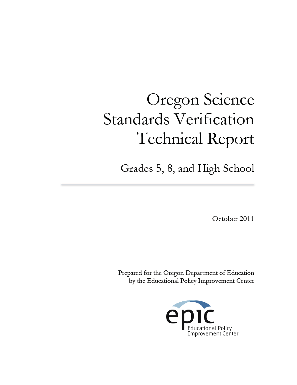 Oregon Science Standards Verification Technical Report Cover Page